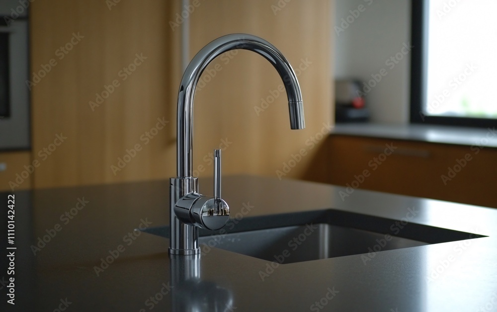 A modern kitchen faucet on a sleek countertop with a sink. A modern kitchen faucet on a sleek countertop with a sink.