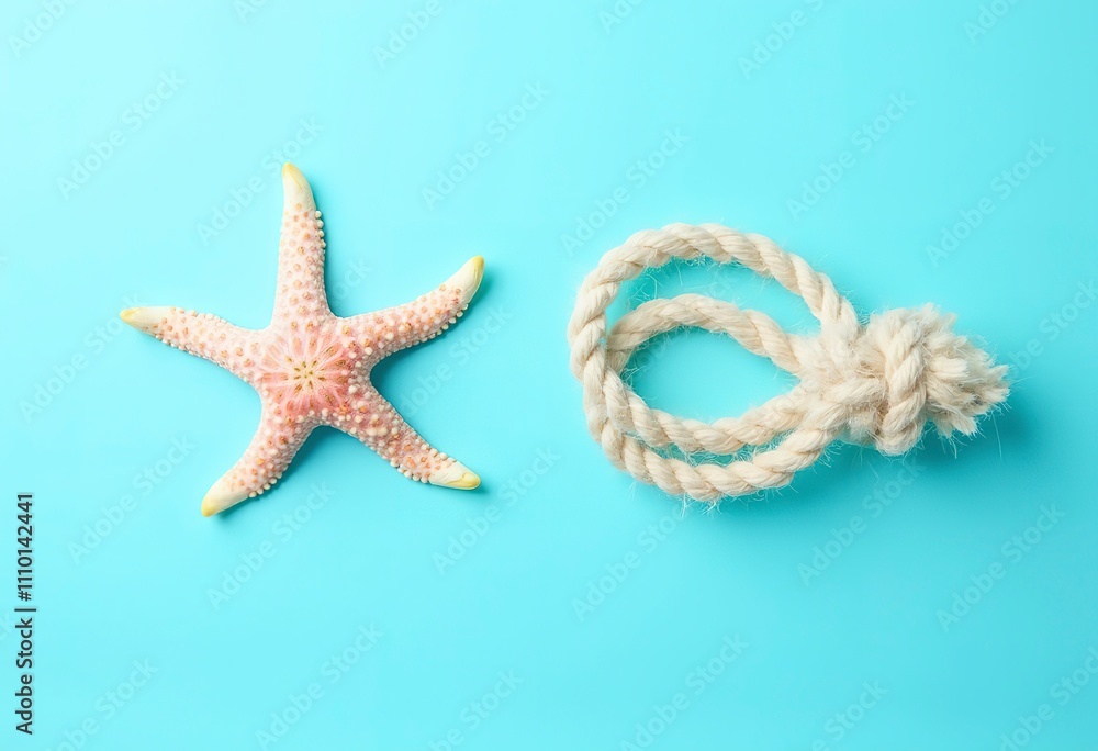 A starfish on a blue background with a rope knot A starfish on a blue background with a rope knot