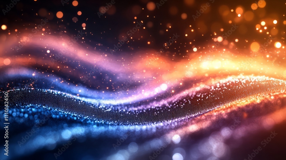 Fototapeta premium Abstract particles in motion, forming a smooth wave across a dark tech-inspired background