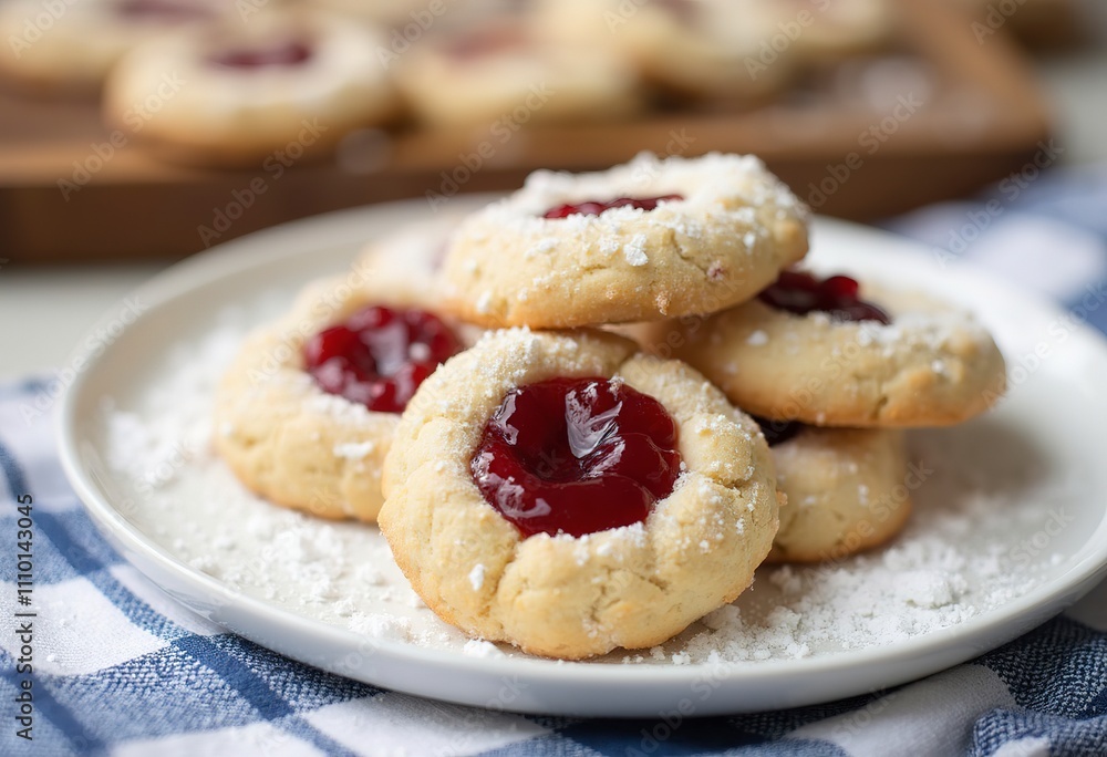 Homemade raspberry thumbprint cookies on a white plate, dusted with powdered sugar Homemade raspberry thumbprint cookies on a white plate, dusted with powdered sugar