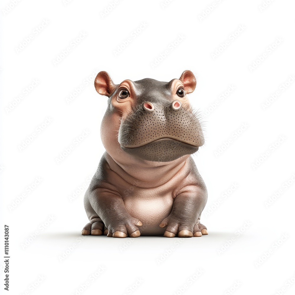 Fototapeta premium A cute baby hippo is sitting on a white background