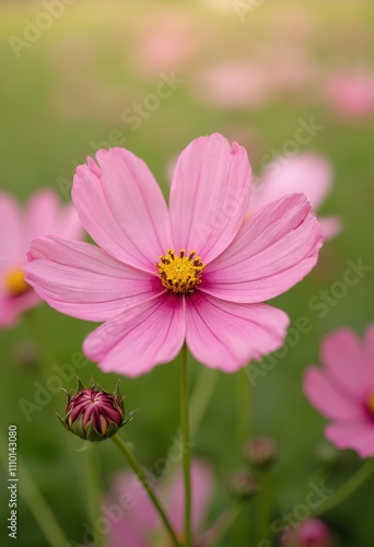 Pink cosmos flowers in a field, with a blurred green and pink background