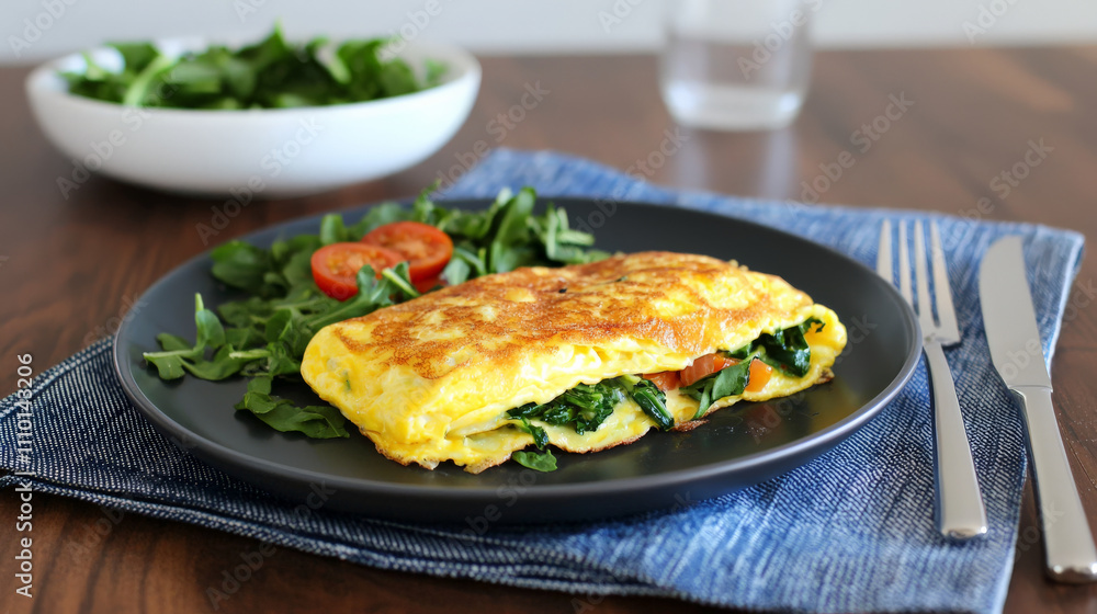 Veggie omelet with spinach and tomatoes on black plate Veggie omelet with spinach and tomatoes on black plate