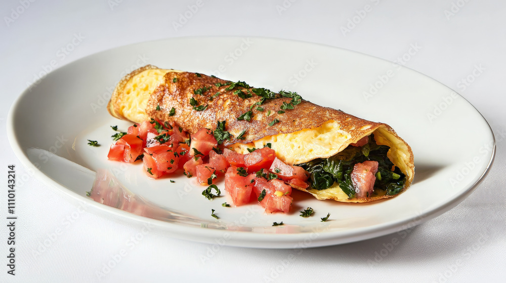 Veggie omelet with spinach and tomatoes on white plate Veggie omelet with spinach and tomatoes on white plate