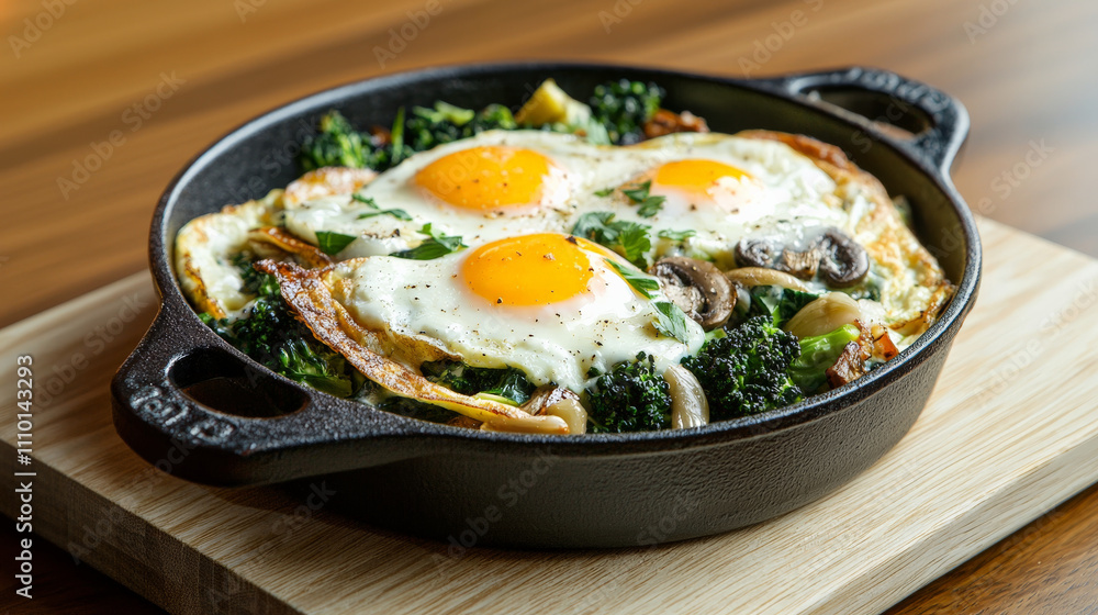 Delicious veggie omelet with sunny side up eggs in skillet Delicious veggie omelet with sunny side up eggs in skillet