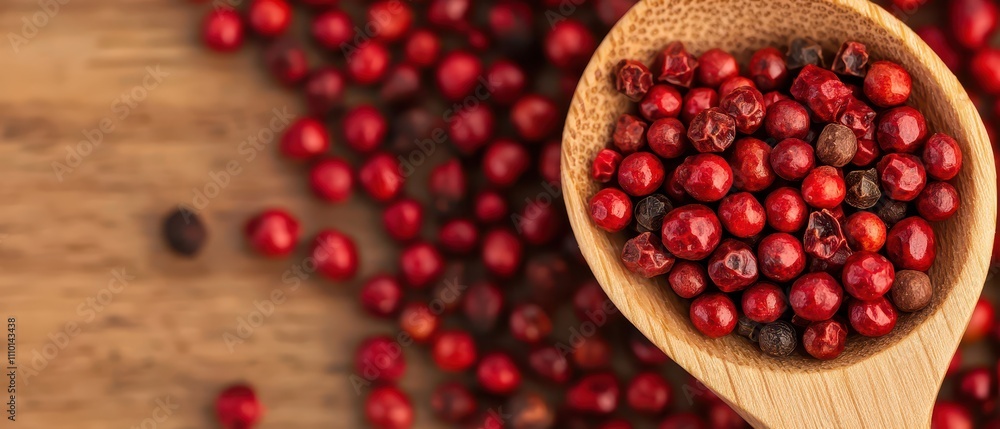 Close-up red peppercorns in a wooden spoon. Close-up red peppercorns in a wooden spoon.