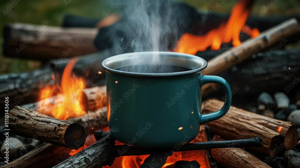 Enjoying hot coffee by the campfire during a cozy evening in the woods with friends Enjoying hot coffee by the campfire during a cozy evening in the woods with friends