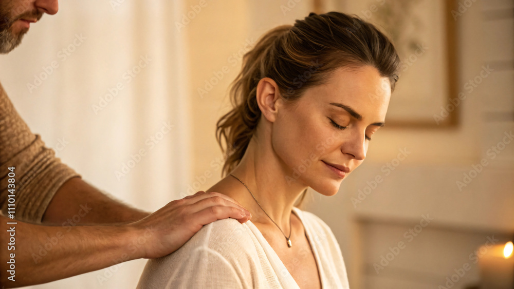 A woman is having her shoulders massaged happily. A woman is having her shoulders massaged happily.