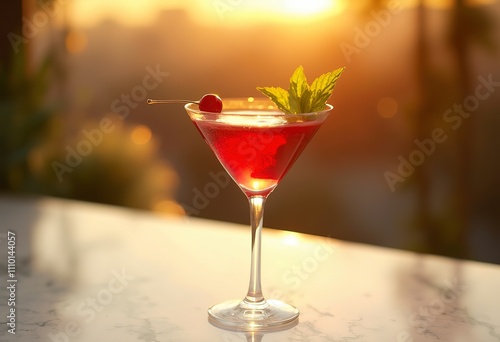 A red cocktail in a martini glass garnished with a fresh cherry and mint leaves