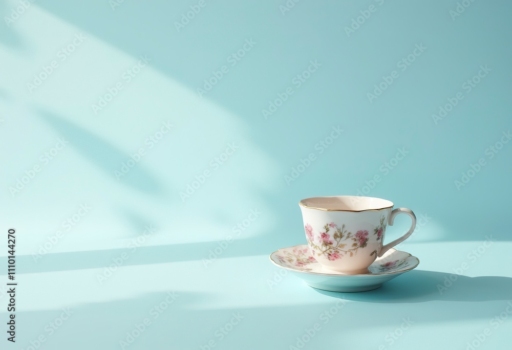 A white ceramic cup and saucer on a light blue background A white ceramic cup and saucer on a light blue background