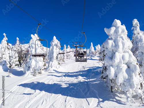 Chairlifts passing through a forest of ice monsters (Zao, Yamagata, Japan) photo