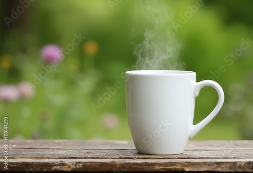 Wallpaper Mural A white ceramic mug with steam rising from it, placed on a wooden surface against a blurred green background Torontodigital.ca
