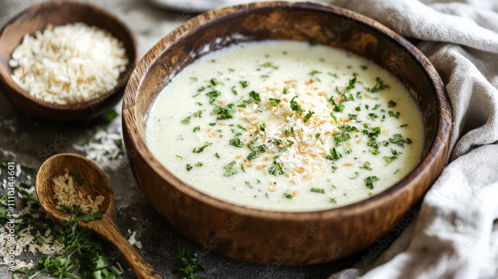 Creamy soup garnished with herbs in wooden bowl Creamy soup garnished with herbs in wooden bowl