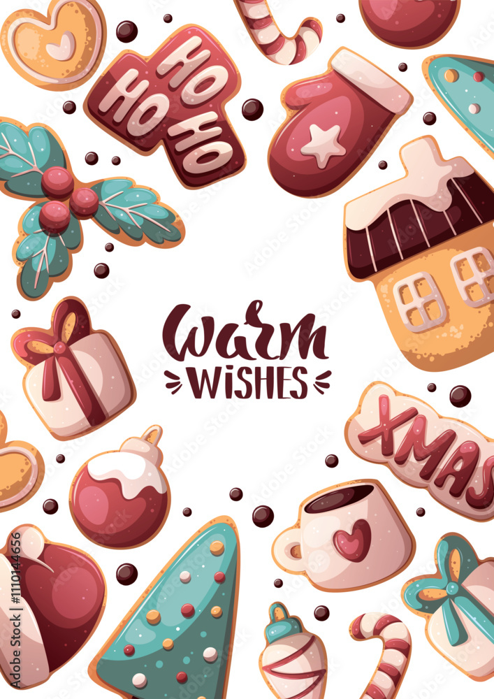 Christmas and New Year greeting card with gingerbread cookies. Vector illustration for greeting card, banner, poster, postcard. Christmas and New Year greeting card with gingerbread cookies. Vector illustration for greeting card, banner, poster, postcard.
