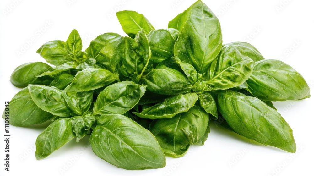 A bunch of fresh basil leaves, isolated on a white background, showcasing their vibrant green color. A bunch of fresh basil leaves, isolated on a white background, showcasing their vibrant green color.