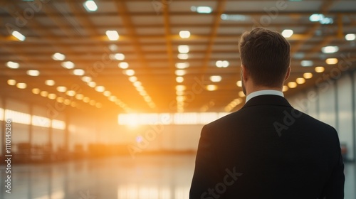 Man in Business Suit Standing in Spacious Warehouse with Sunset Lighting Creating Warm Atmosphere