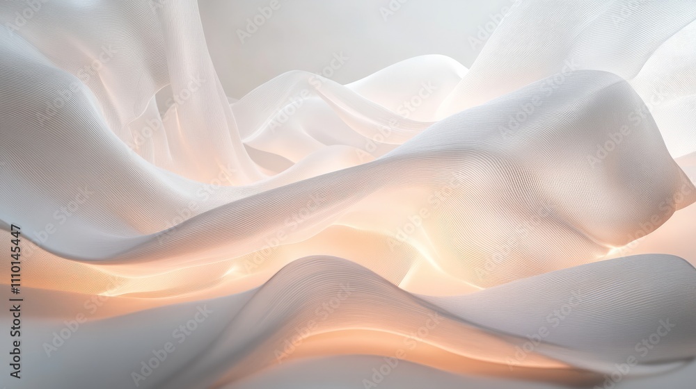 Fototapeta premium An abstract 3D environment with fluid shapes resembling rippling fabric, softly lit from beneath, creating dynamic, flowing patterns