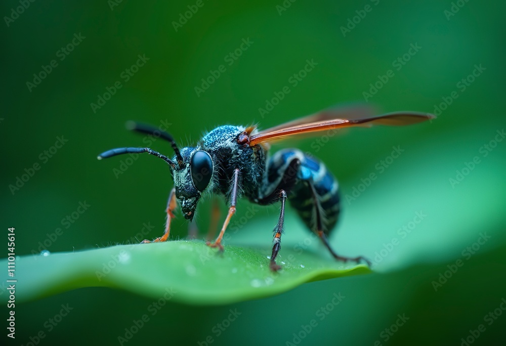 A close-up of a wasp on a green leaf, with its wings and body visible A close-up of a wasp on a green leaf, with its wings and body visible