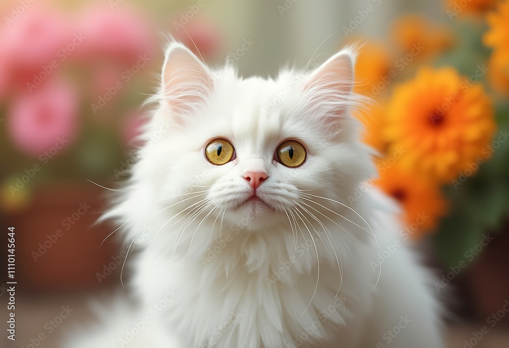 A close-up portrait of a fluffy white Persian cat with large, expressive yellow eyes and a slightly surprised expression A close-up portrait of a fluffy white Persian cat with large, expressive yellow eyes and a slightly surprised expression