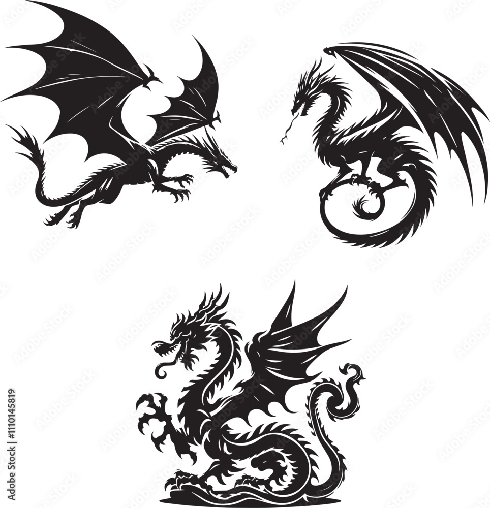 Dragons Black And White Silhouette In A Vector Form Dragons Black And White Silhouette In A Vector Form