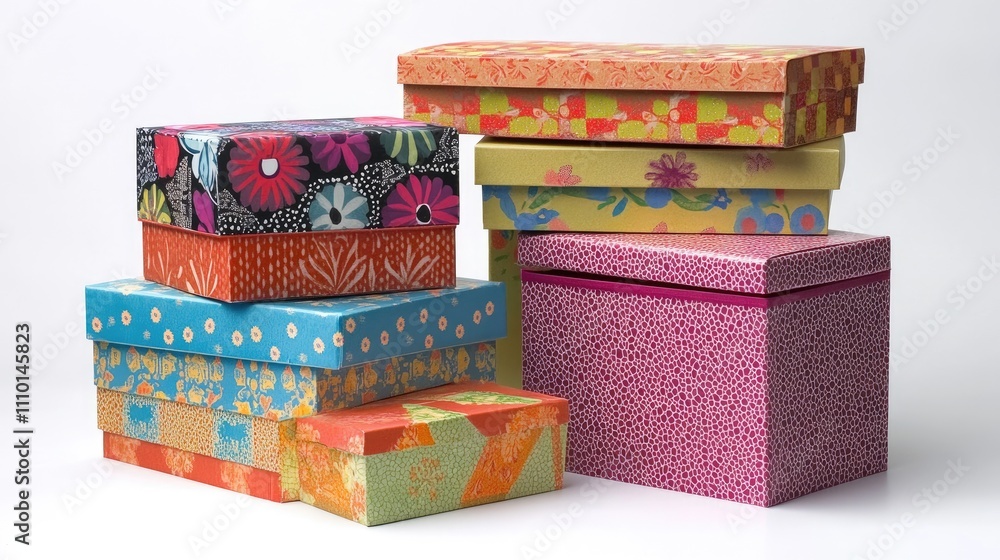 A stack of colorful cardboard boxes with different patterns, isolated on a clean white surface, emphasizing their use for gift wrapping and storage. A stack of colorful cardboard boxes with different patterns, isolated on a clean white surface, emphasizing their use for gift wrapping and storage.