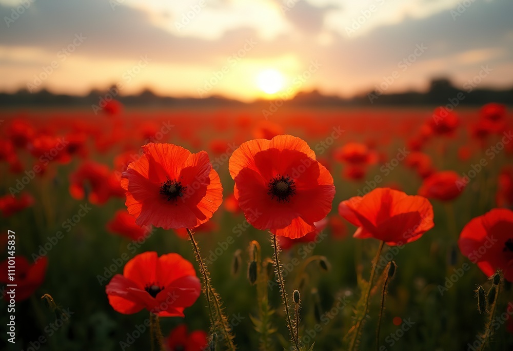 Obraz premium A field of red poppy flowers in the warm glow of the setting sun, with a blurred, hazy background