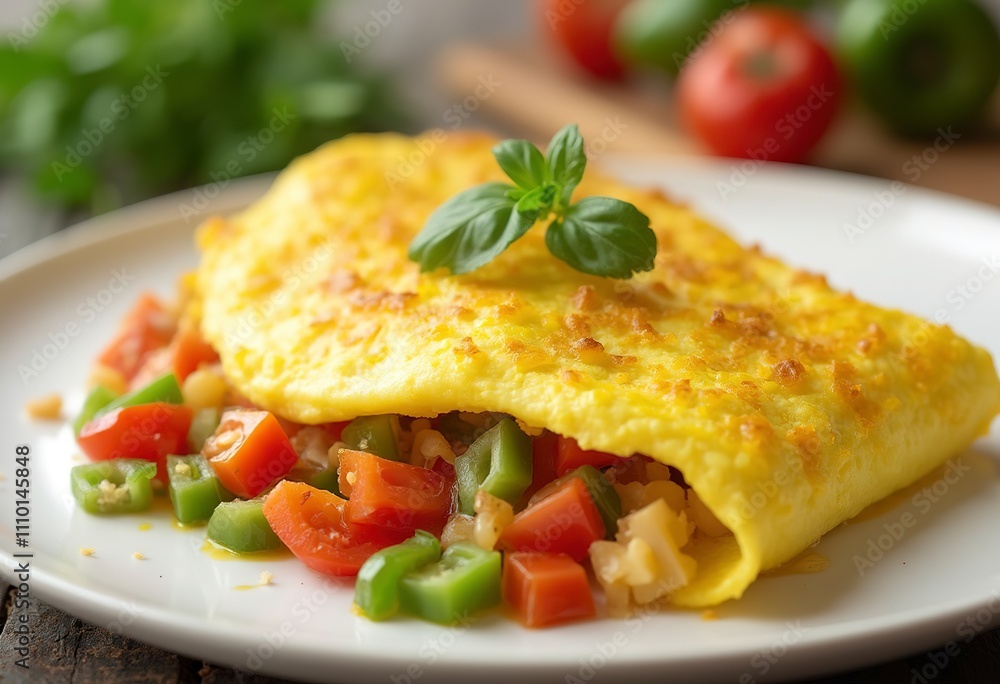 A fluffy yellow omelet with diced green bell peppers and tomatoes, served on a white plate A fluffy yellow omelet with diced green bell peppers and tomatoes, served on a white plate