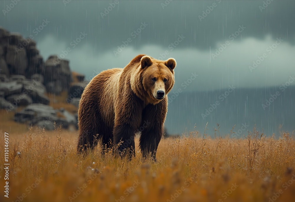 A large brown bear standing on a grassy field with rocks in the background A large brown bear standing on a grassy field with rocks in the background