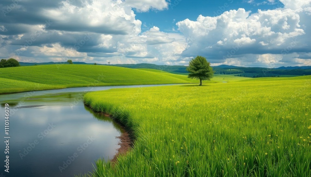 Obraz premium a view of a green field with a river running through peaceful landscape