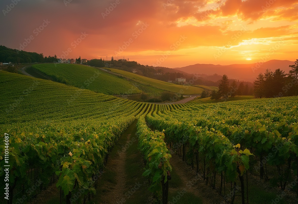 Fototapeta premium A lush green vineyard with rows of grape vines stretching across a rolling landscape, set against a vibrant orange and red sunset sky