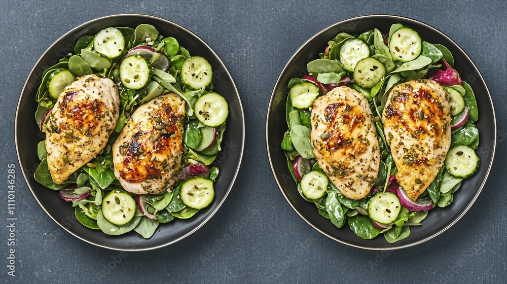 Grilled Chicken Breast with Fresh Salad and Cucumber Slices Grilled Chicken Breast with Fresh Salad and Cucumber Slices