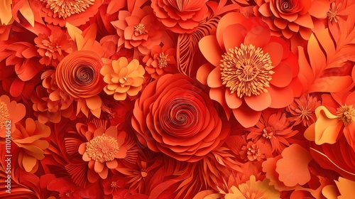 Wallpaper Mural Background with red paper-cut art, golden symbols, and peonies Torontodigital.ca