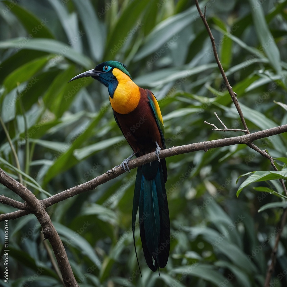 A resplendent bird-of-paradise dancing on a thin branch.
A resplendent bird-of-paradise dancing on a thin branch.