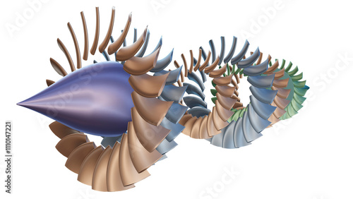 Aircraft engine blades and fairing on a transparent background. 3D render illustration.