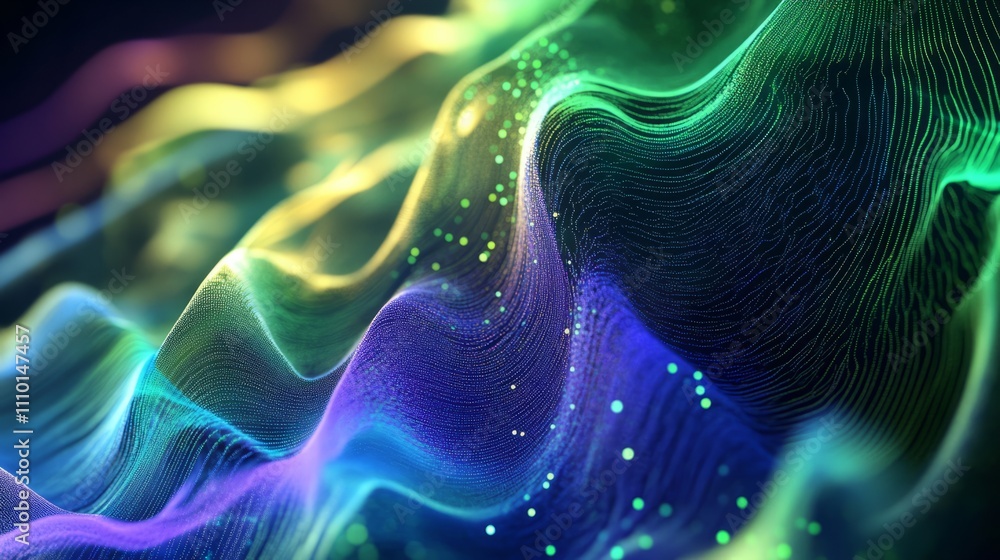 Obraz premium An abstract gradient hologram with a soft glow, showcasing intricate particle waves in green, blue, and purple tones