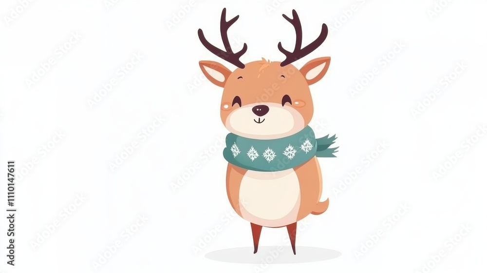 Cute Christmas Deer Character with Scarf on White Background