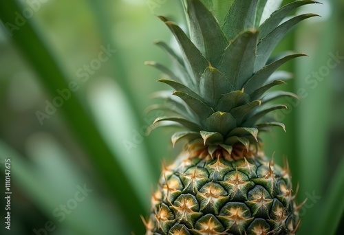 A close-up of a green pineapple with its distinctive spiral pattern and sharp leaves