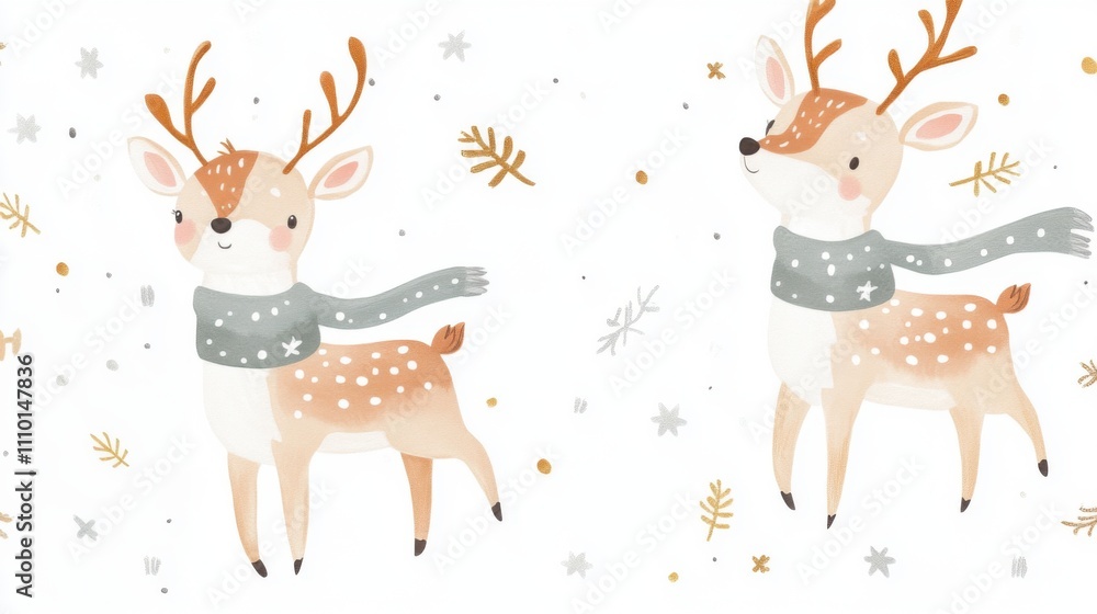 Obraz premium Cute Christmas Deer Character with Scarf on White Background