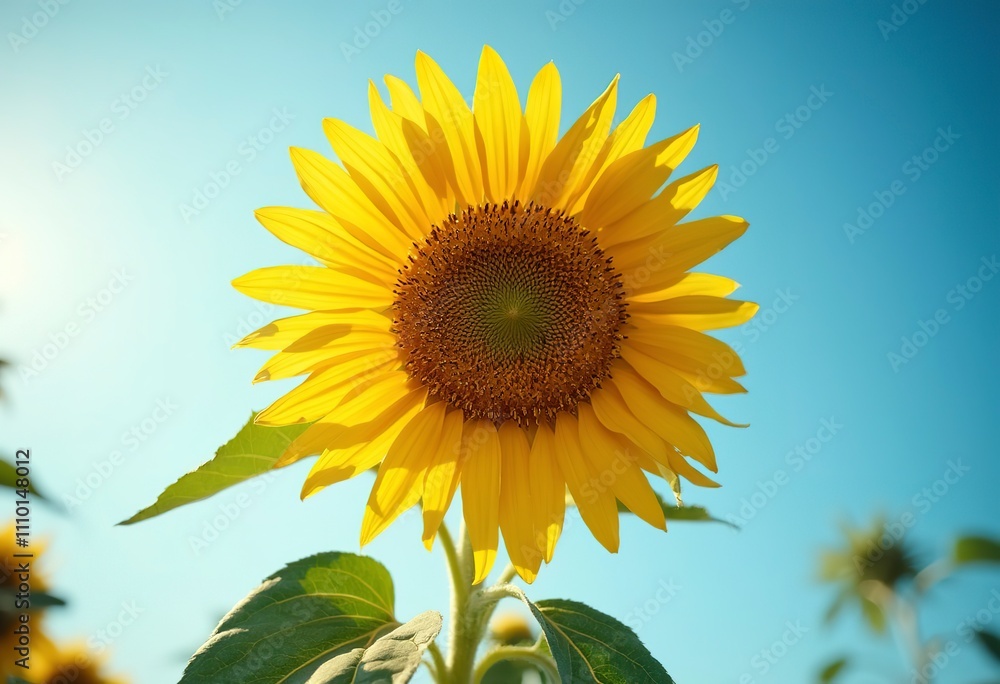 A large, vibrant yellow sunflower with its petals fully open against a clear blue sky background A large, vibrant yellow sunflower with its petals fully open against a clear blue sky background