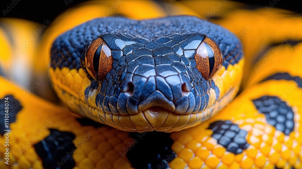 Close-up of vibrant blue and yellow python showcasing intricate scale patterns and intense gaze Close-up of vibrant blue and yellow python showcasing intricate scale patterns and intense gaze