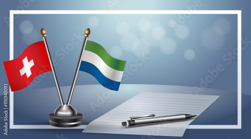 Switzerland and Sierra Leone Small national flag on bokeh background, cooperative relationship