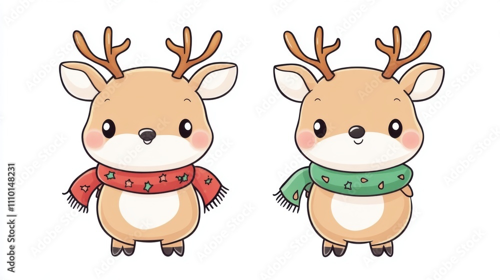 Cute Christmas Deer Character with Scarf on White Background Cute Christmas Deer Character with Scarf on White Background