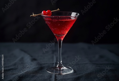 A red cocktail with cherries on a skewer in a martini glass against a dark background