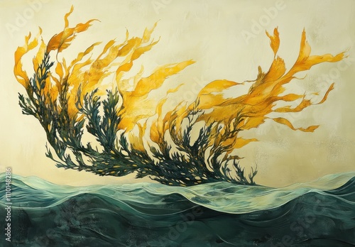 Abstract Representation of Seaweed Floating in Ocean Waves with Golden and Green Tones Capturing the Beauty of Marine Life and Underwater Ecosystem