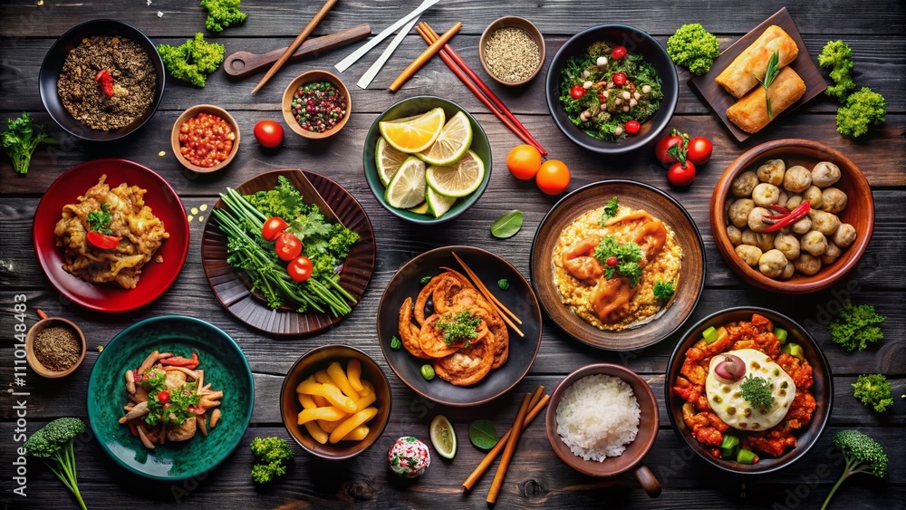 A Beautiful Top View Arrangement of Various Asian Dishes in Bowls on a Black Wooden Surface, Perfect for Food Lovers and Culinary Enthusiasts with Space for Text A Beautiful Top View Arrangement of Various Asian Dishes in Bowls on a Black Wooden Surface, Perfect for Food Lovers and Culinary Enthusiasts with Space for Text
