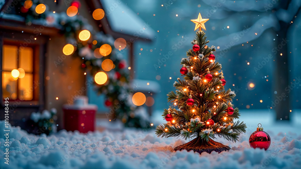 3D Christmas tree against the background of village houses. 3D Christmas tree against the background of village houses.