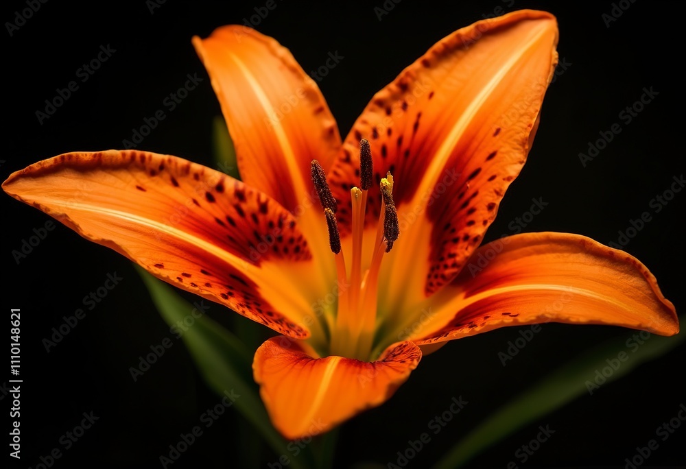 An orange tiger lily with red and black spotted petals, close-up view An orange tiger lily with red and black spotted petals, close-up view