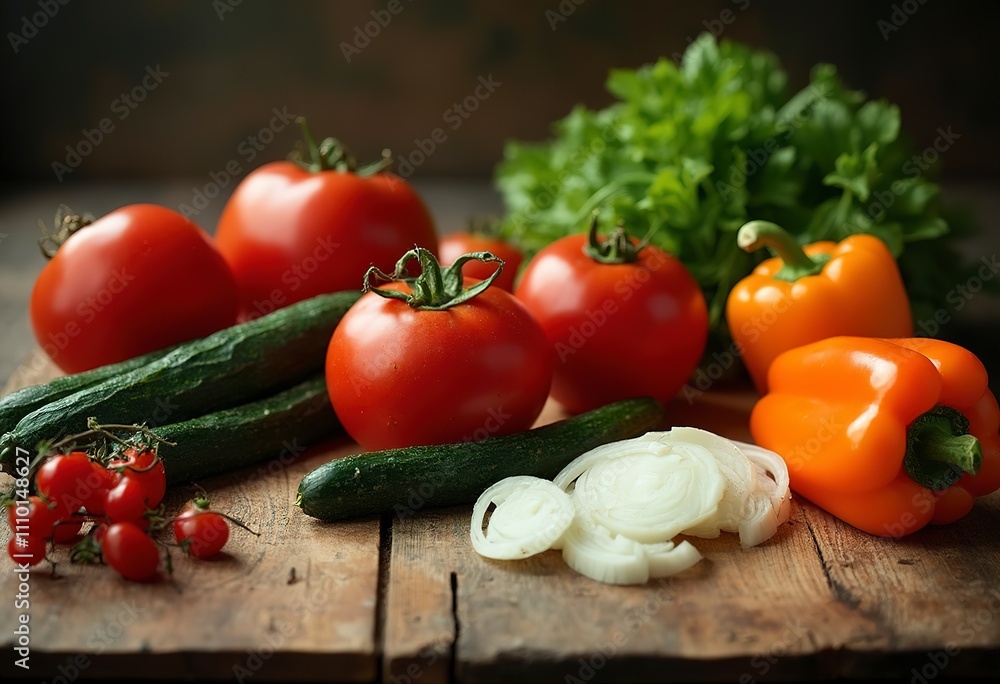 Assorted fresh vegetables including tomatoes, cucumbers, onions, and bell peppers on a wooden cutting board Assorted fresh vegetables including tomatoes, cucumbers, onions, and bell peppers on a wooden cutting board