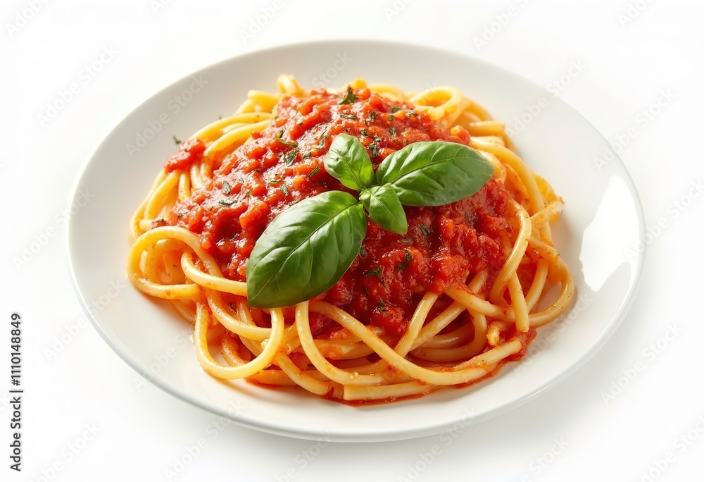 Cooked pasta with tomato sauce and fresh basil leaves, on a white background Cooked pasta with tomato sauce and fresh basil leaves, on a white background