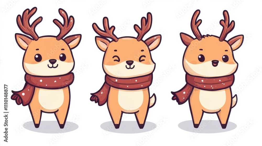 Cute Christmas Deer Character with Scarf on White Background Cute Christmas Deer Character with Scarf on White Background